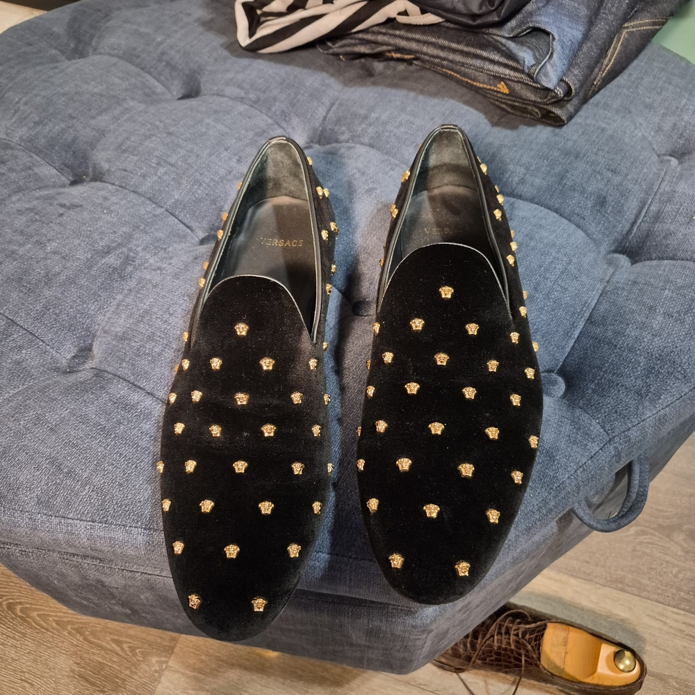 Versace Black Velvet Loafers with Gold Medusa Studs